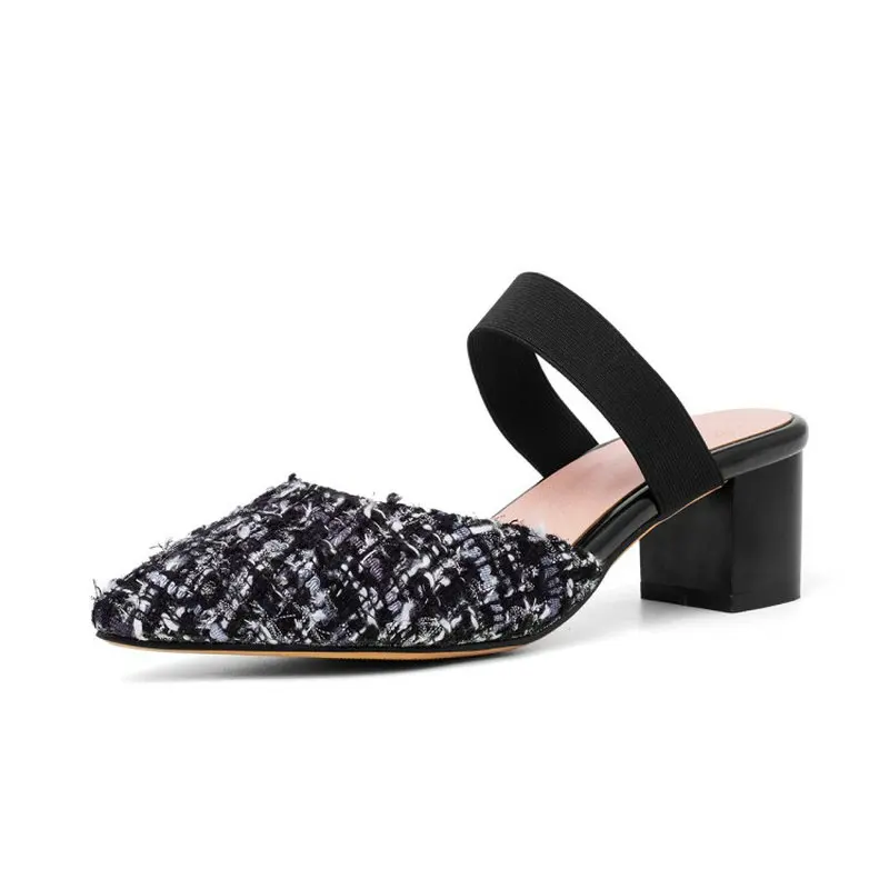 Женские клетчатые шлепанцы на квадратном каблуке с заостренным носком размеры