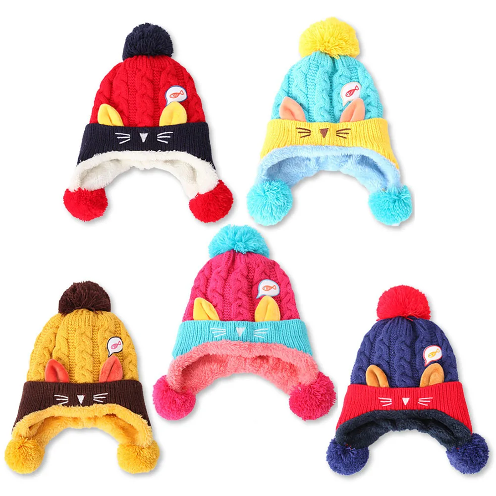 

Baby Kid Winter Knitted Woolen Cat Earmuffs Beanie Cap Fluffy Warm Baby Girl Boys Beanies Hat Fleece Woolen Caps AN88