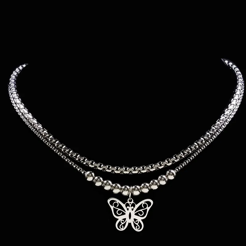 A butterfly Серебряное ожерелье из нержавеющей стали с бабочкой, женское Двухслойное массивное ожерелье, ювелирное изделие, подарок, ожерелье Mujer N18056 - Окраска металла: A butterfly