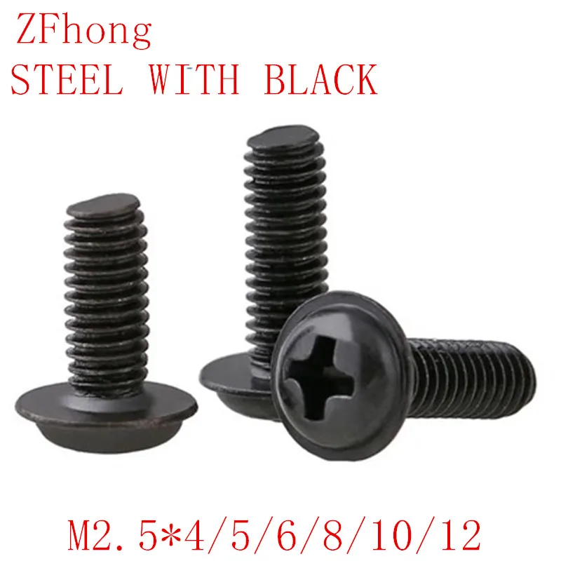 

500PCS M2.5*4/5/6/8/10/12 m2.5 steel with black Round Pan Phillips Cross Head Screws Bolt With Washer Pad Computer Screws