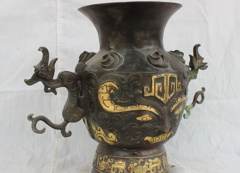 12 &quotкитайская Бронзовая медная позолота богатство Статуя Дракона зверя лев лицо