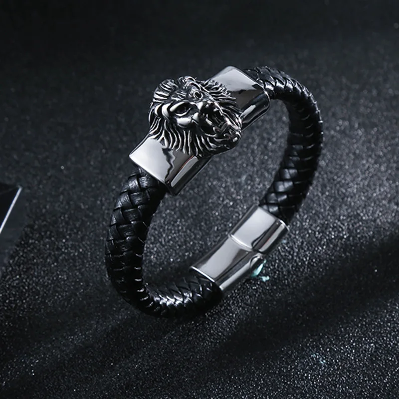 Панк нержавеющая сталь властная личность голова льва кожаный браслет для
