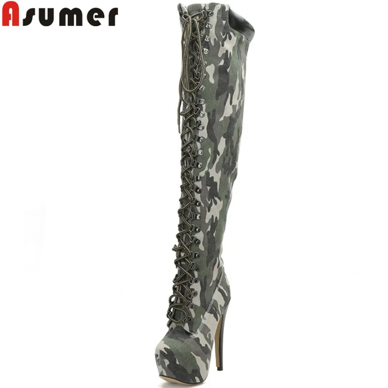 Женские сапоги выше колена на платформе с круглым носком и перекрестной