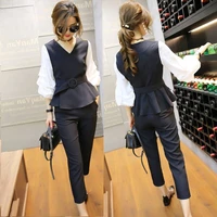 elegant ol work wear 2 pieces set 2021 women spring new puff sleeve bow tie up blouse and pant suit plus size m 5xl wf52