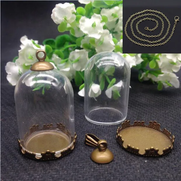 

20sets/lot bell jar shape 30*20mm tube glass globe 20mm bronze crown base 8mm cap set glass bottle necklace pendant glass vials