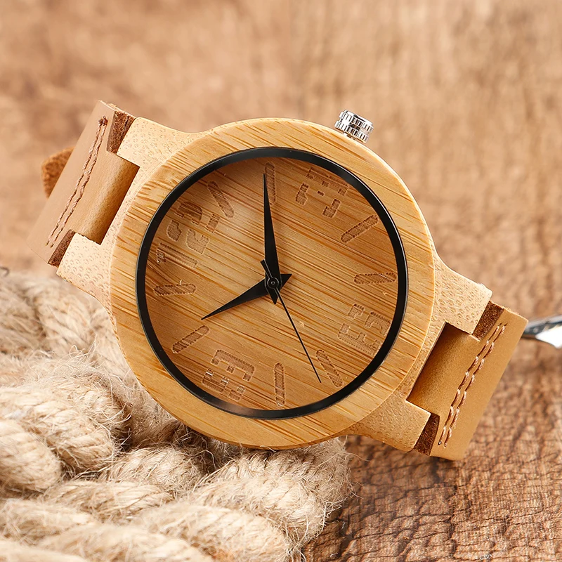 

100% Nature Wood Watches Creative Simple Numbers Wristwatch Men's Genuine Leather Quartz Watches Men Bamboo Handmade Clock Gift