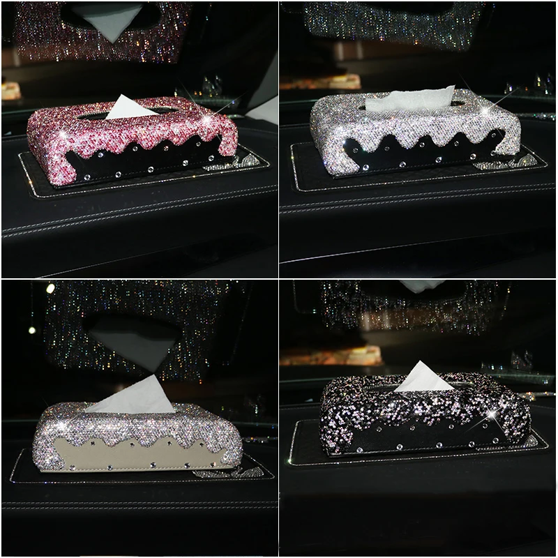 

Colorful Diamante Crystal Car Tissue Box Luxury Leather with Crystal Rhinestone Paper Tower Storage Women