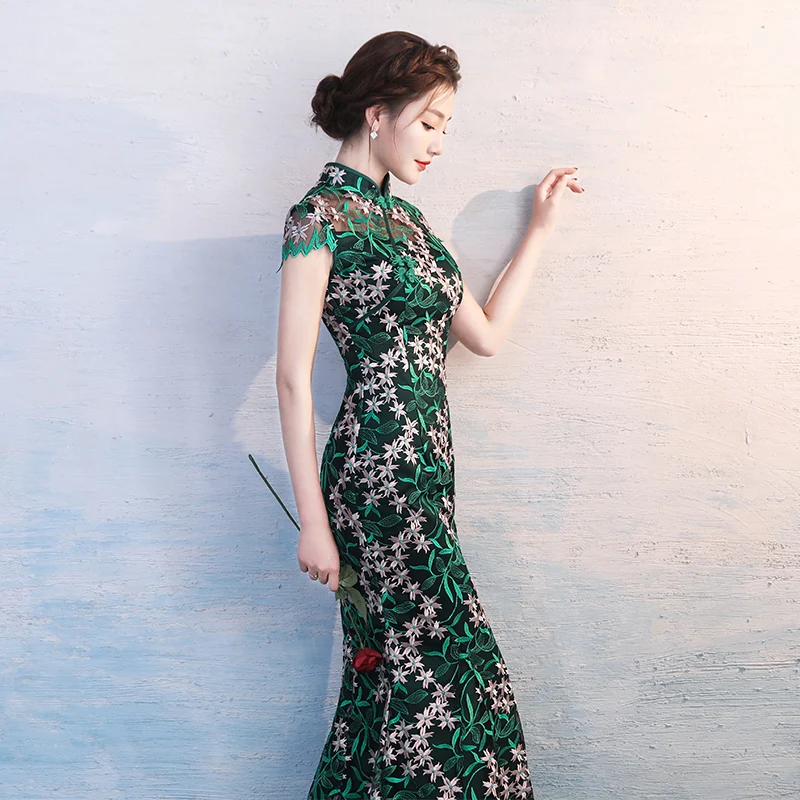Зеленый цветочный китайский стиль для женщин шоу на сцене Cheongsam элегантный Полный Длина Русалка вечернее платье Винтаж Мандарин Воротник Qipao