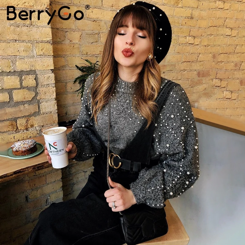 BerryGo Pearl turtleneck solid knitted christmas sweater Lantern sleeve gray women sweaters and pullovers Female autumn casual | Женская
