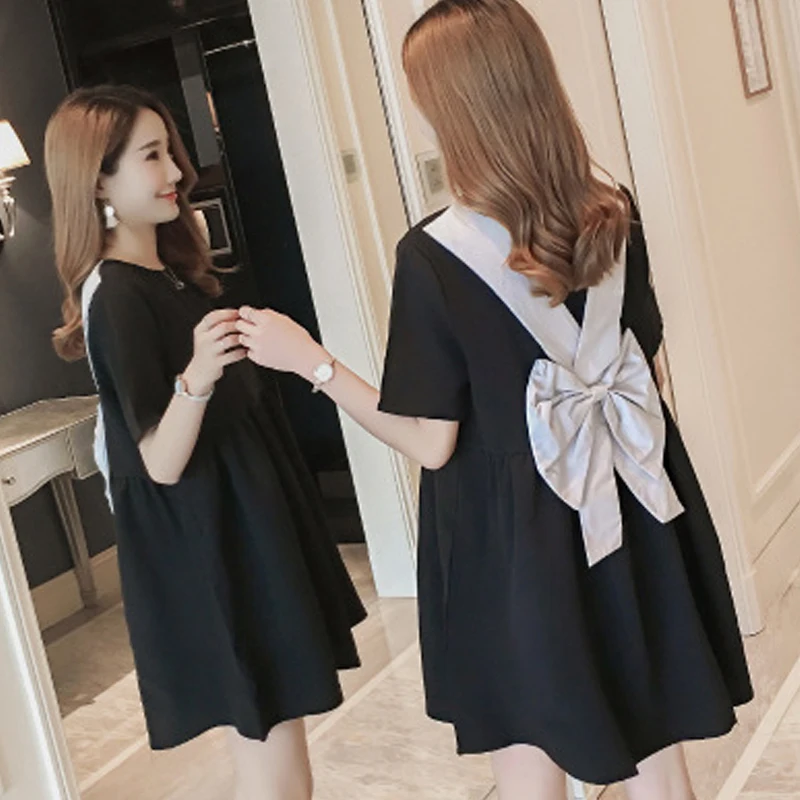 

Summer Stylish Doll Pregnant Women New Back Bow Lovely Backless Dress Short-sleeved Little Black Dress comfortable Maternity
