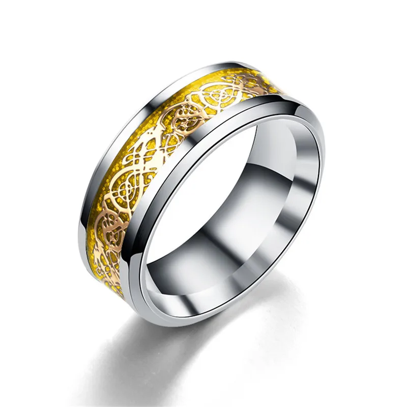 

Fashion Dragon Pattern 8mm Beveled Edges Rings Stainless Steel Jewelry Wedding Band Ring for Men 6-13