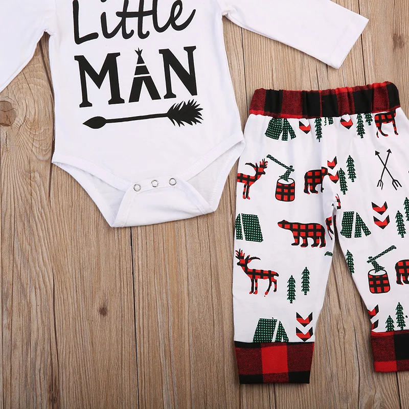 2017 Christmas Newborn Baby Boy Clothes Little Man Long Sleeve Bodysuit Tops+Pant Hat 3PCS Outfit Xmas Toddler Kids Clothing Set |