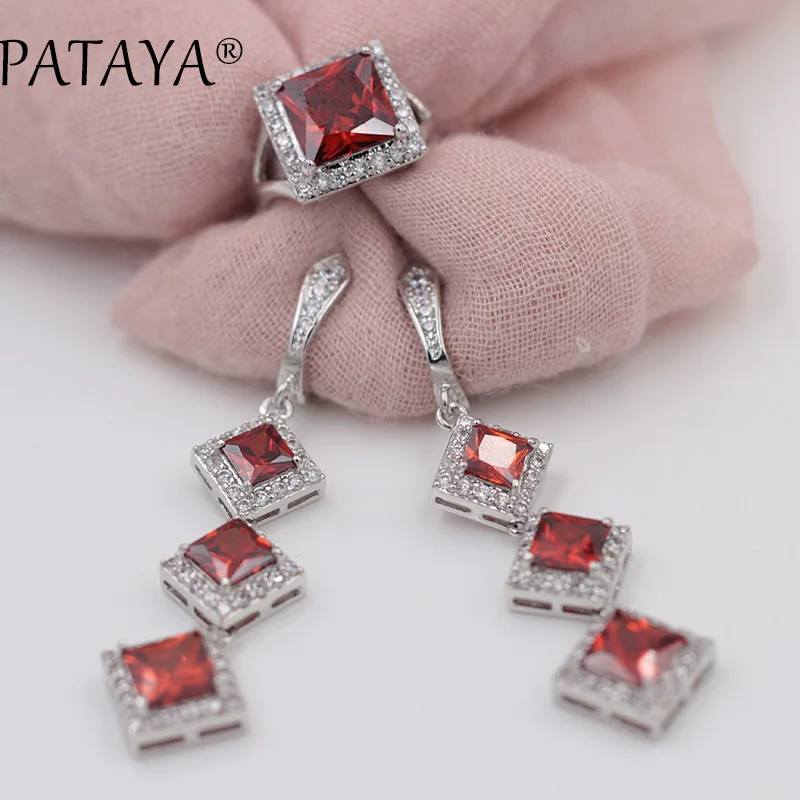 Серьги и кольцо PATAYA женские Длинные Зеленые квадратные бриллиантовые комплекты