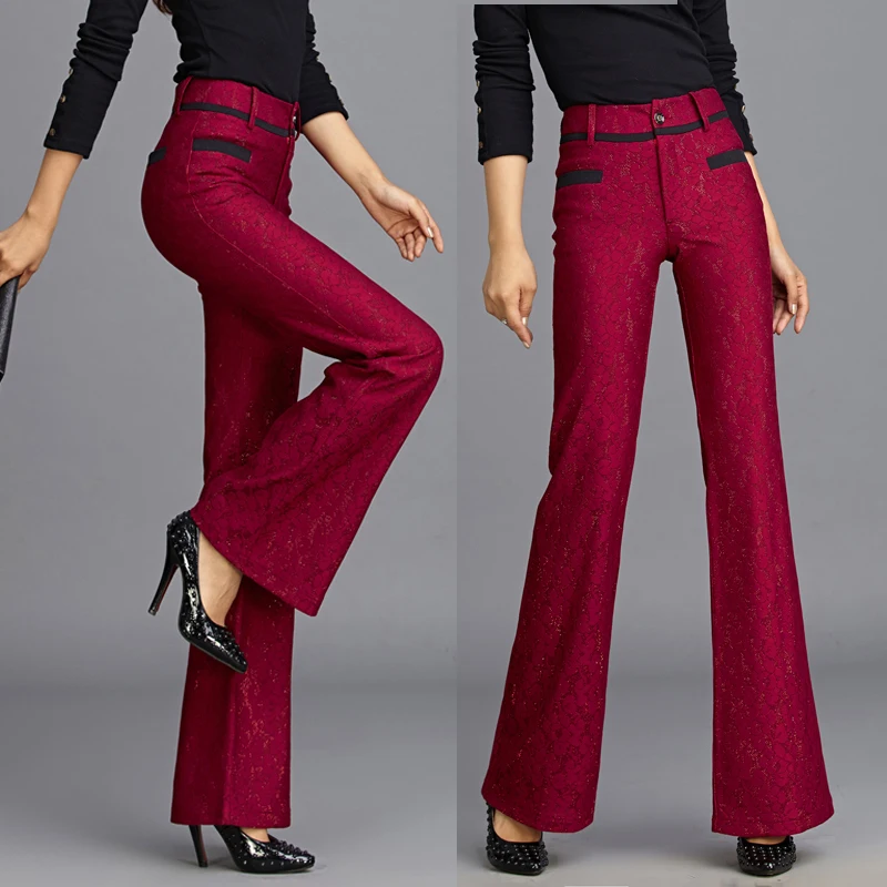 Spring Autumn 2018 New Women Dobby Wined Red Blue Patchwork Floral Wide Leg Trousers , Casual XXL 3XL Fashion Pants For Woman