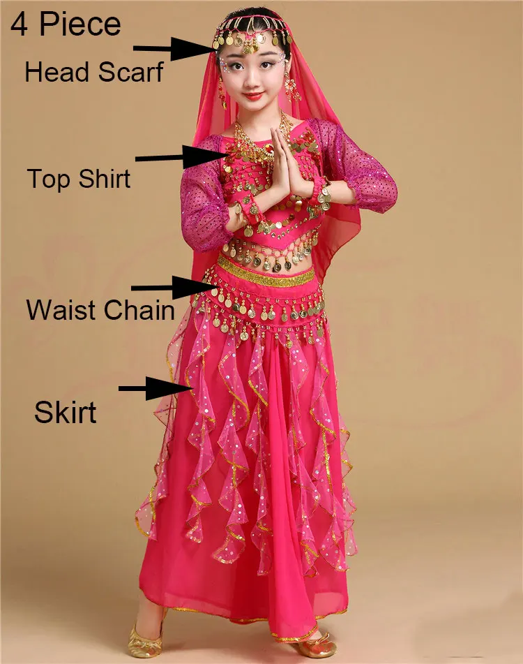 Hot Pink 4 Piece Профессиональная индийская Одежда для танцев для девочек, детские костюмы для танца живота для девочек, Египетский костюм для танца живота для девочек, танцевальный костюм для Болливуда - Цвет: Hot Pink 4 Piece