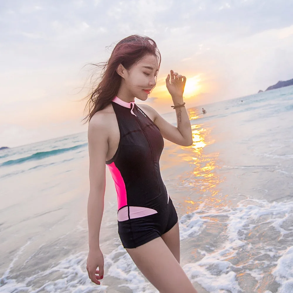 

Hisea New Women Rash Guard Lycra Light Sleeveless Elastic Swimsuit calico zipper Surf Shirt Short Pants Swimming Clothes