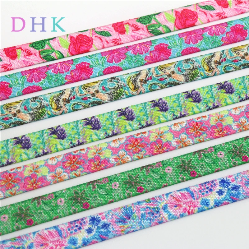DHK 5/8'' 5yards flowers printed Fold Elastic FOE stretch ribbon hairbow headwear headband DIY OEM C1661 | Дом и сад