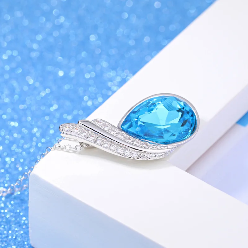 Женское ожерелье из серебра 100% пробы с синими кристаллами в форме капли воды| |