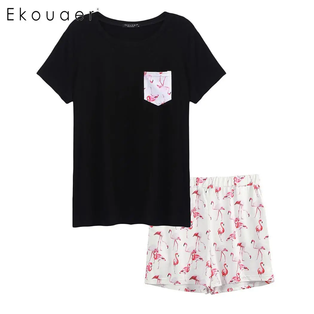 Black Ekouaer пижамный комплект, Женский Топ с коротким рукавом, шорты с принтом, пижамный комплект, мягкая Пижама, женская пижама, комплект, летняя Домашняя одежда, 3 цвета - Цвет: Black