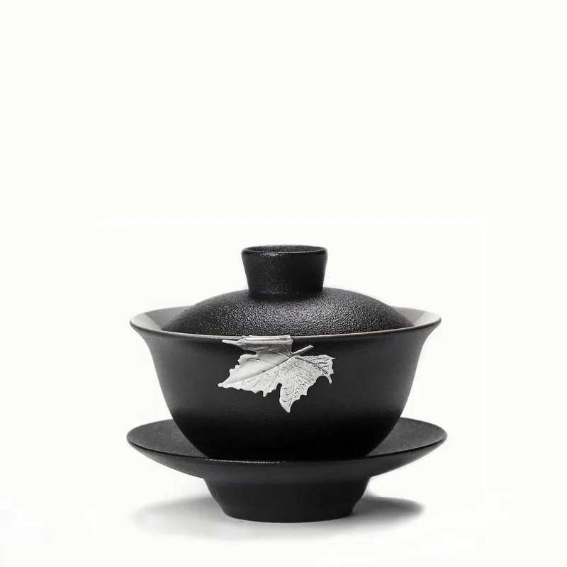 Креативная Черная Керамическая керамика серебристый персиковый лист Gaiwan с