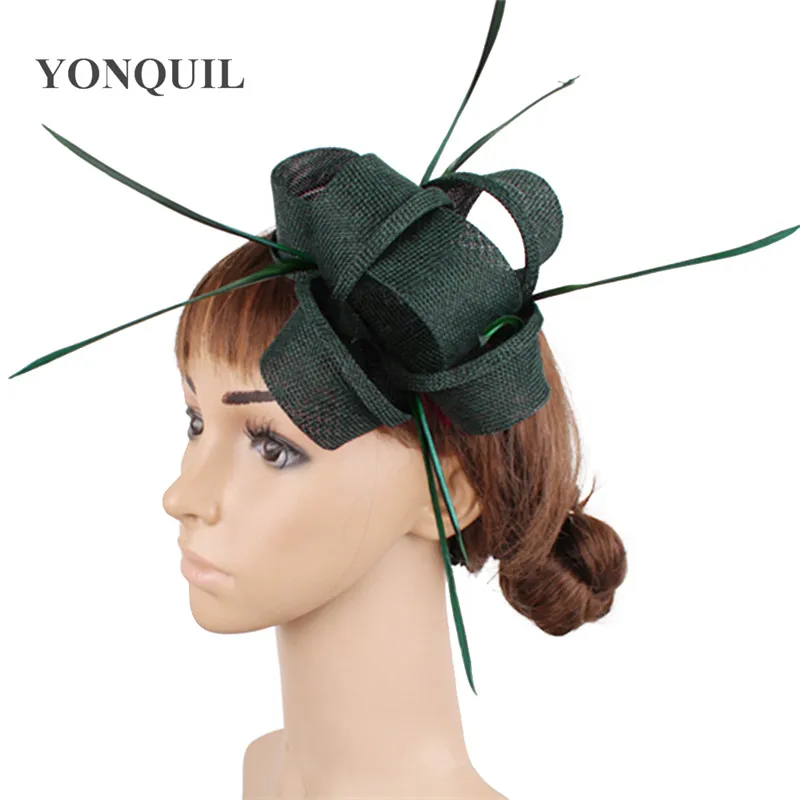 dark green Новое прибытие имитация шляпки из соломки синамей с вуалеткой женские свадебные с пером аксессуары для волос Дамы праздничные ободки - Цвет: dark green