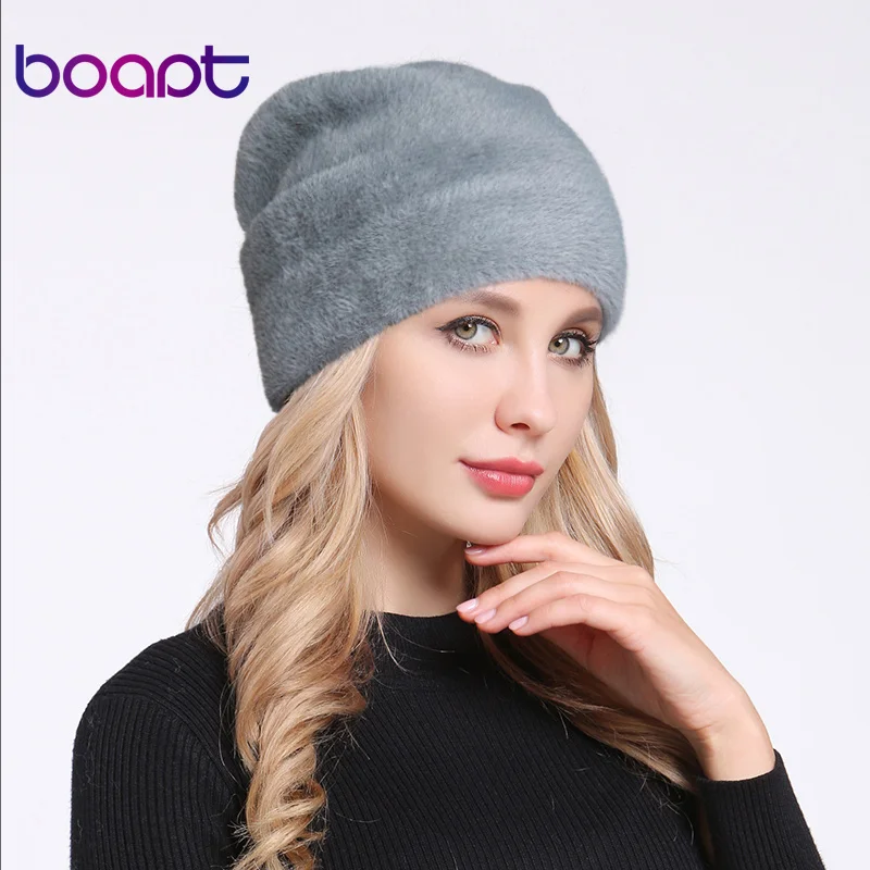 [boapt] Imitate Mink Double layer Soft Wool Winter Hats For Women Thick Warm Caps Female Brand Skulls beanies Ladies Hat Bonnet - Цвет: Серый