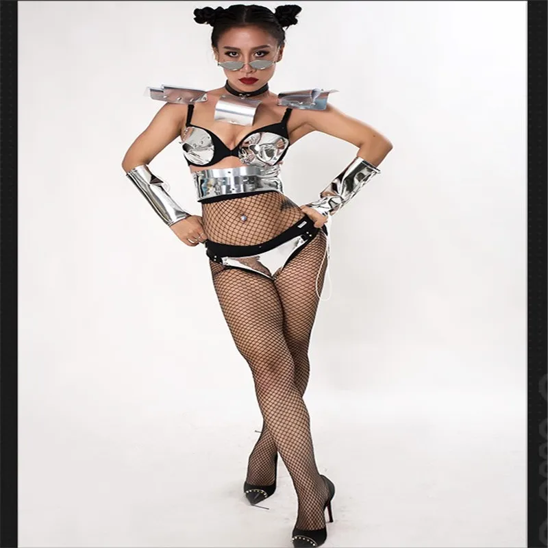 Танцевальный Костюм певицы EC69 серебристое зеркальное боди для диджеев
