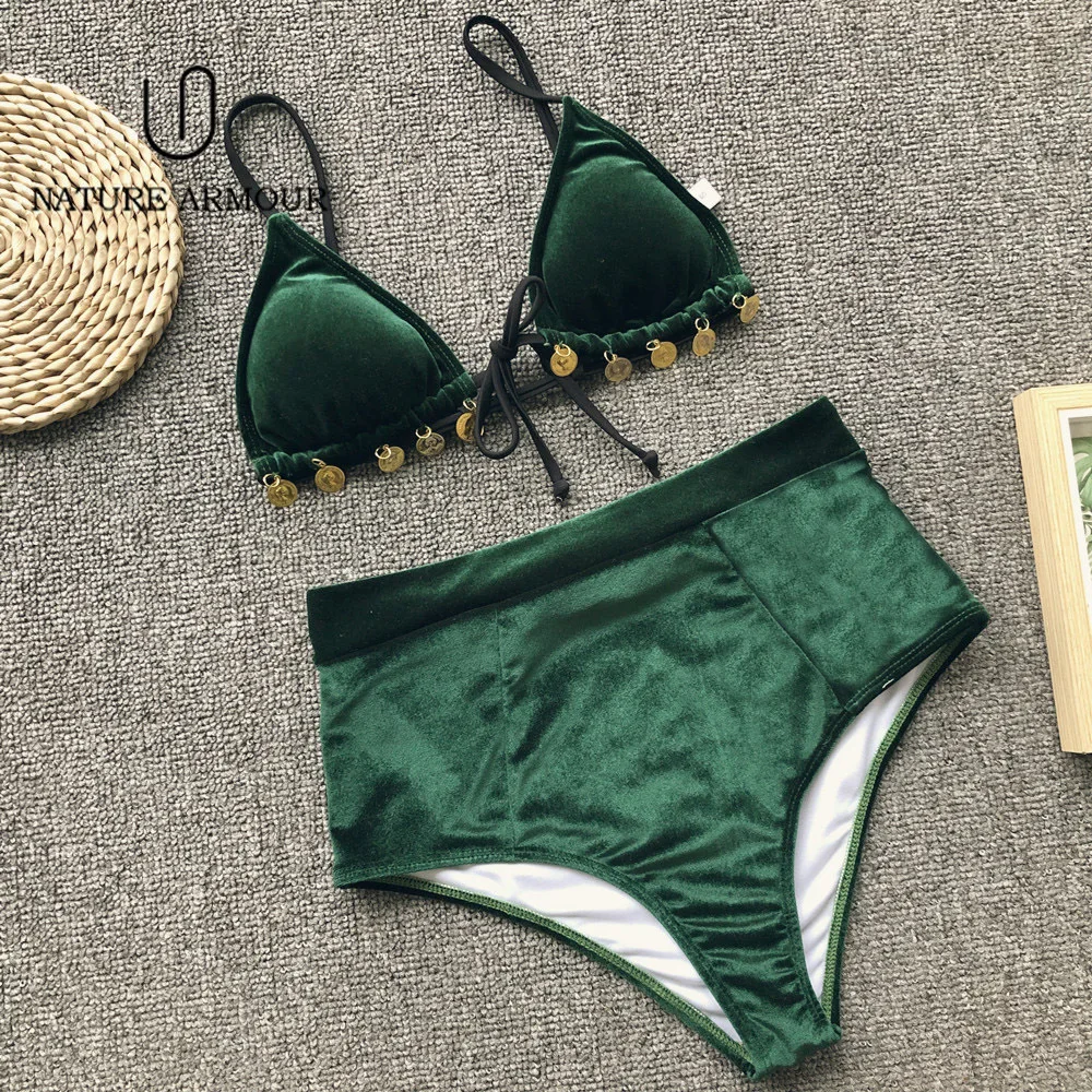 Новинка 2019 золотистое бархатное бикини с принтом кружевные бахромой и высокой