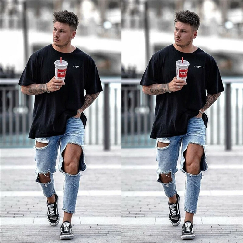 Джинсы мужские рваные зауженные Стрейчевые брюки из денима скинни в стиле