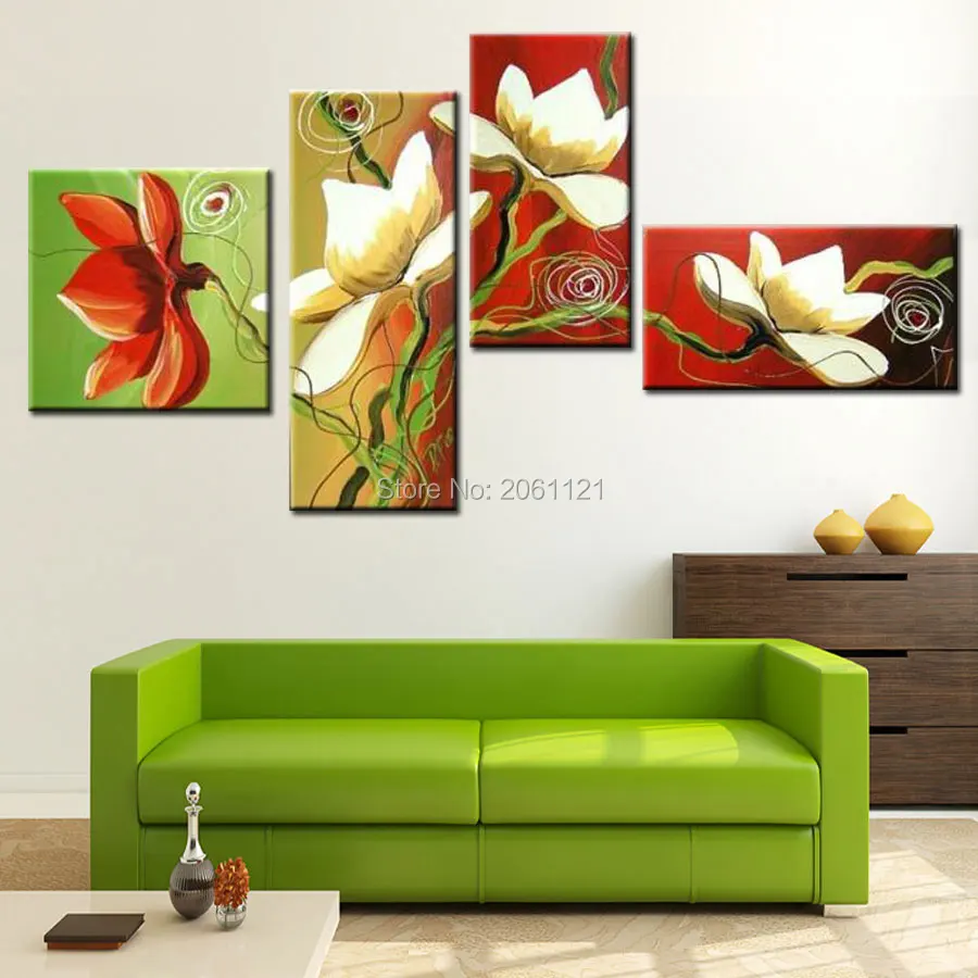 4 панели нерегулярная Современная Группа рисунок на холсте Цветы красный зеленый