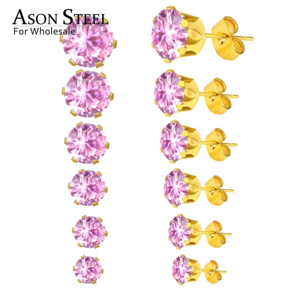 FG ASON, стальные серьги-гвоздики для женщин, розовый цвет, Круглый AAA кристалл, 6 пар/кор., набор сережек, нержавеющая сталь, Mujer Bijoux, подарок для любви - Окраска металла: FG