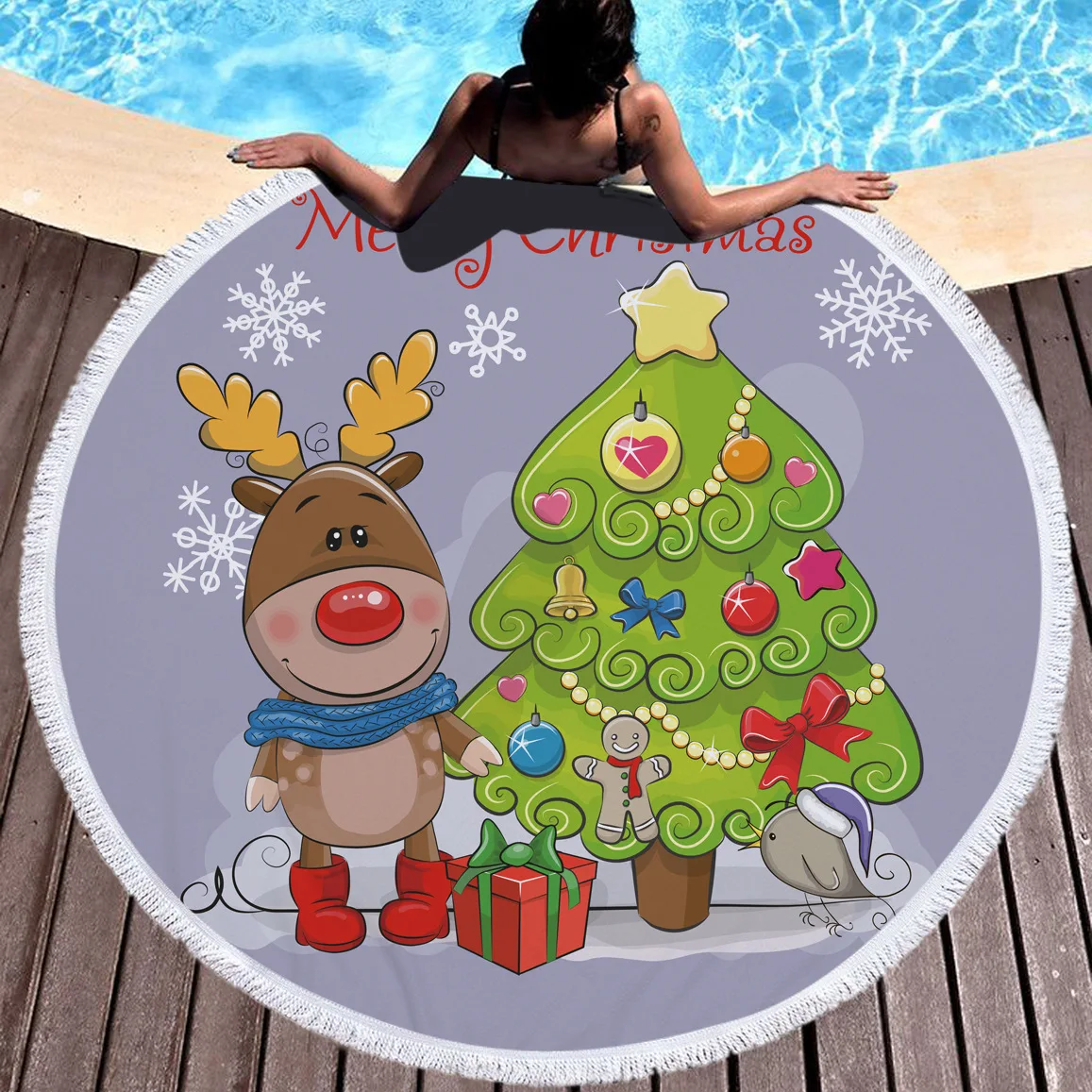 Round Christmas Snowman Cartoon Bath Towel Santa Elk Summer Beach Picnic Yoga Mat Floral Polyester Circle Sunbath Blanket | Дом и сад