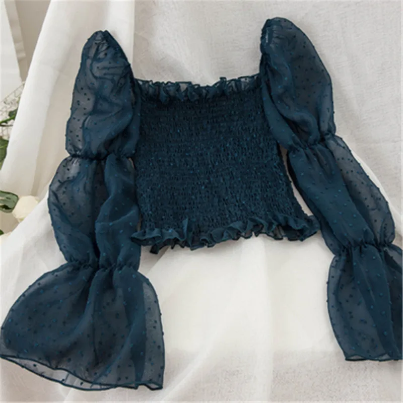 Квадратный воротник, однотонный Blusas с расклешенными рукавами, шикарные шифоновые оборки, сексуальная женская блузка, новые сетчатые Лоскутные рубашки в горошек, ZY4467