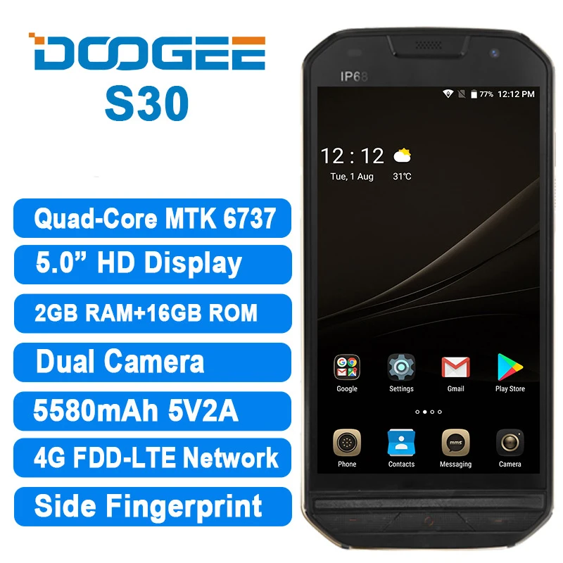 DOOGEE S30 IP68 водонепроницаемый смартфон 2 ГБ 16 Android 7 0 MTK6737 Четырехъядерный 4G