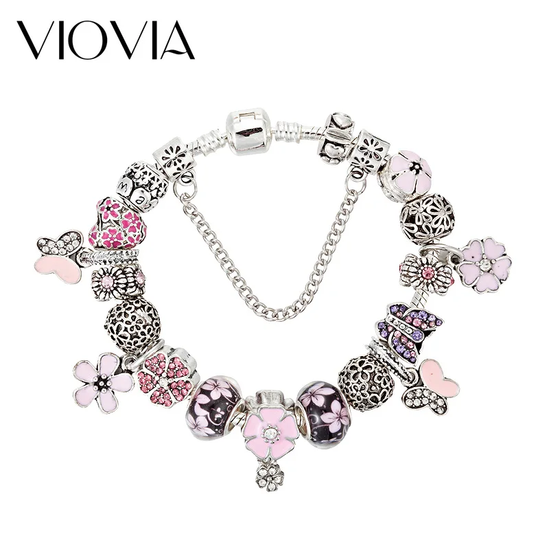 VIOVIA подлинный Серебряный цвет цветок розовый кристалл бабочка очаровательные