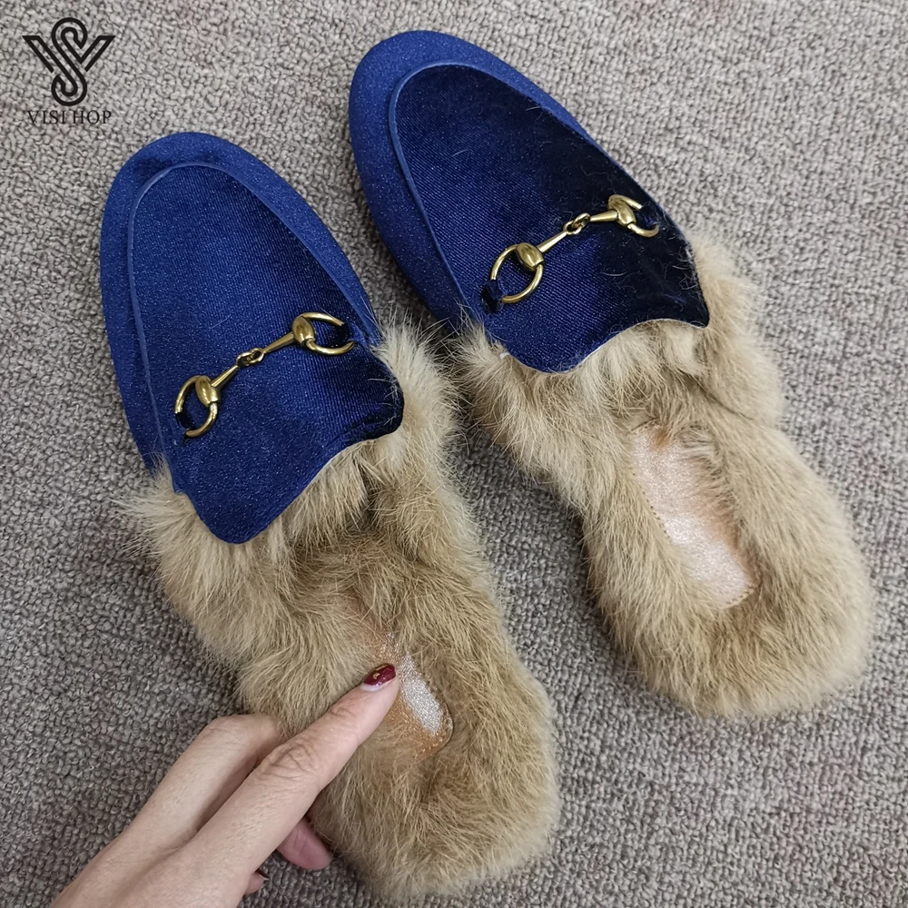 VISI HOP/ г.; модные Настоящий мех кролика; Шлепанцы из натуральной кожи; женские пушистые тапочки; зимняя теплая обувь