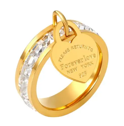 gold color Женское кольцо из нержавеющей стали, золотое покрытие, кристалл, кольцо на палец для влюбленных, модное, кубический цирконий, серебряный цвет, ювелирные изделия для свадебной вечеринки - Main Stone Color: gold color