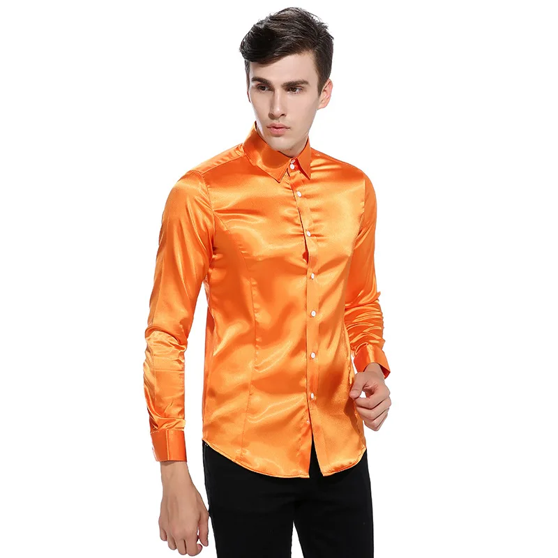 Шелковая атласная Мужская рубашка Chemise Homme модная мужская приталенная смокинговая рубашка Повседневная блестящая шелковая рубашка на пуговицах