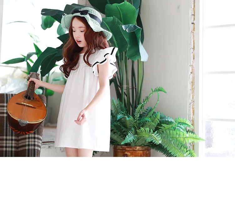 Платье для маленьких девочек; коллекция года; Летнее белое пляжное платье с оборками и рукавами-крылышками; платья для детей; милая Корейская одежда для малышей и подростков; одежда для детей