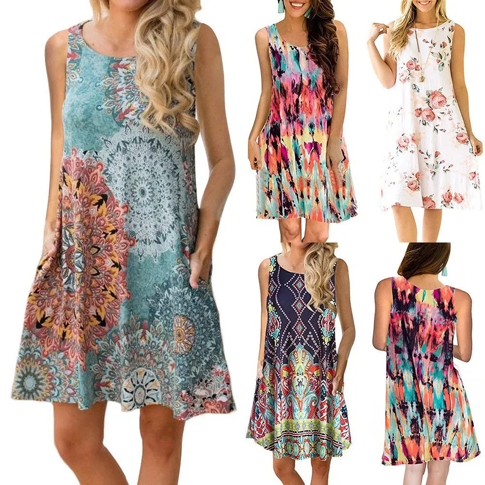 

Women Ladies Summer Casual Party Beach Short Dress Sleeveless Printed Loose Short Mini Dress