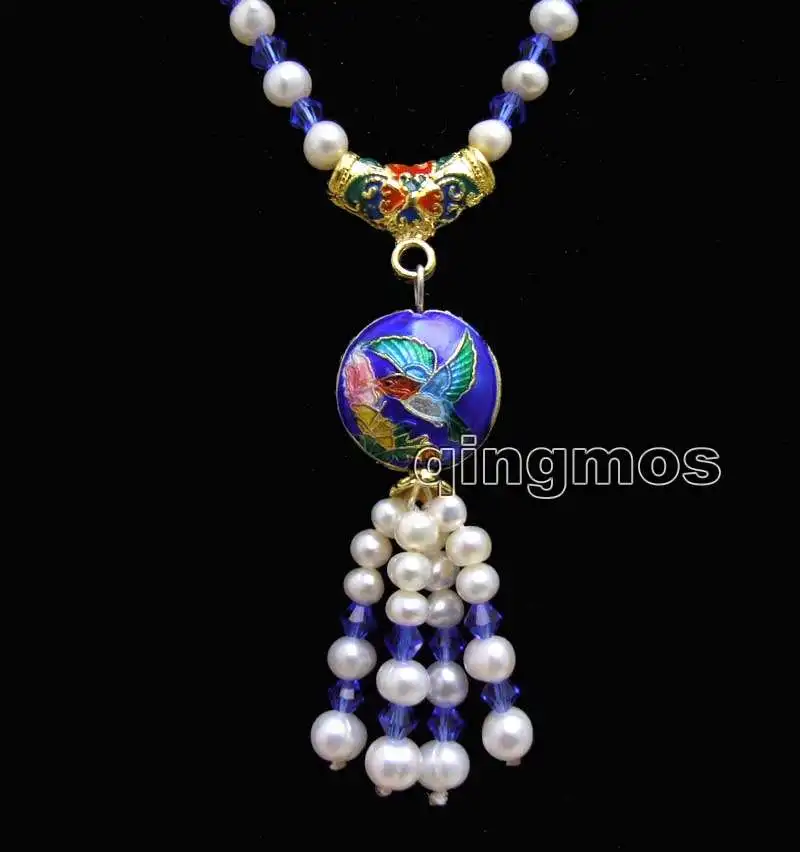 Круглый белый жемчужный с синим кристаллом 5 6 мм 18 дюймов Necklace nec6328|natural pearls|pearl