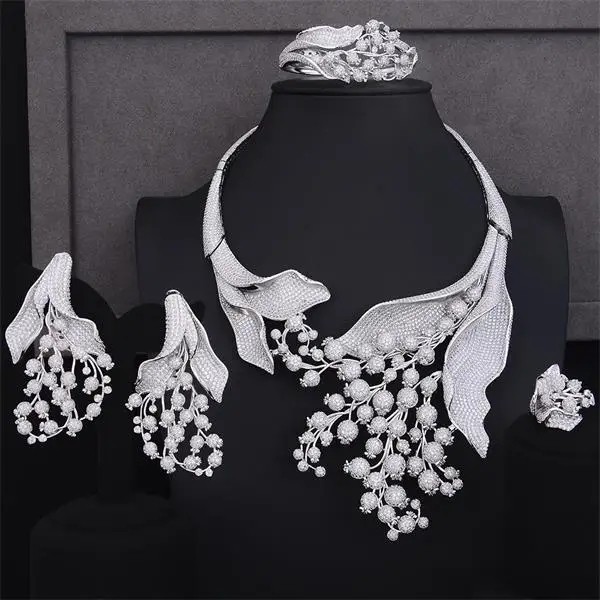Silver Missvikki роскошный блестящий кулон завод браслет Открытое кольцо, серьги, ожерелье набор украшений для женщин для невесты, для свадьбы, помолвки ювелирные изделия - Окраска металла: Silver
