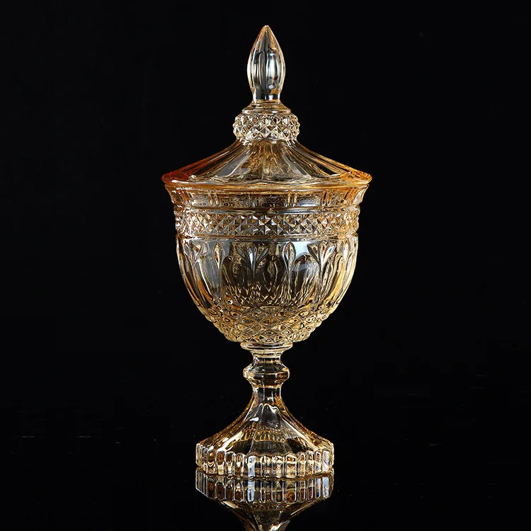 Конфетная банка Дворцовая Янтарная рельефная с крышкой стеклянная сахарная