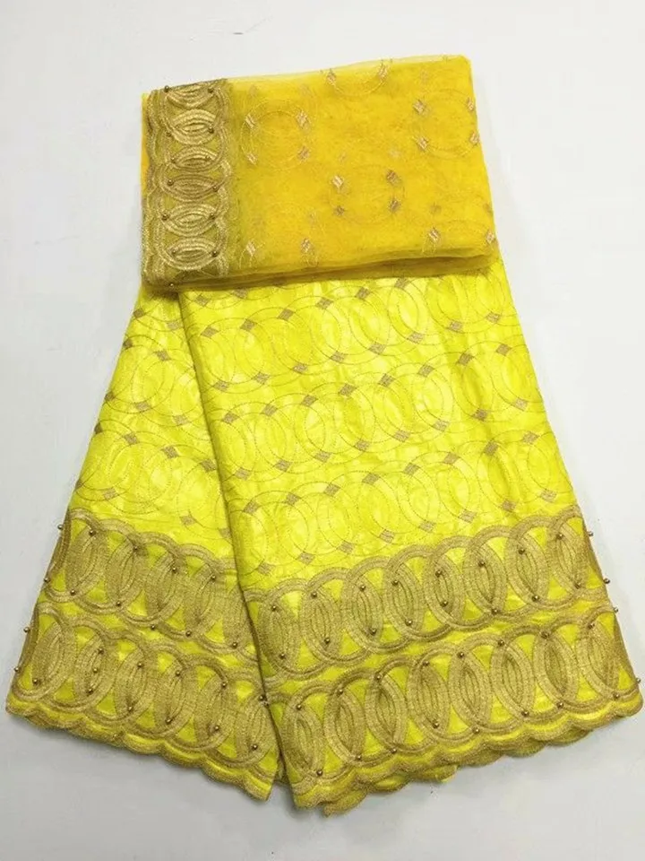 5Y Beautiful lemon green african Bazin brocade lace fabric and 2Y french net embroidery with beads for dress BZ1-1 | Дом и сад
