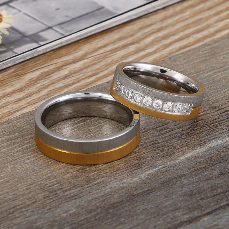 Simple Stainless Steel Alliance Ring Gold&ampSilver Color Couple Cubic Zirconia Wedding Female Male Anniversary Jewelry | Украшения и
