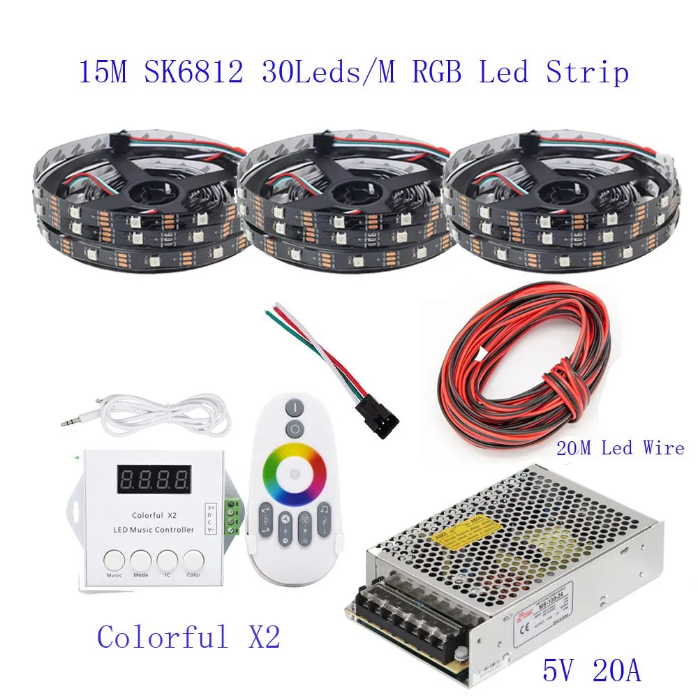 15M Led Strip Set 25 м 20 м 15 м 10 м 5 м WS2812B Светодиодная лента WS2812B IC 30 светодиодный s/M RGB умная Пиксельная полоса+ Красочный X2 светодиодный контроллер+ светодиодный источник питания - Испускаемый цвет: 15M Led Strip Set