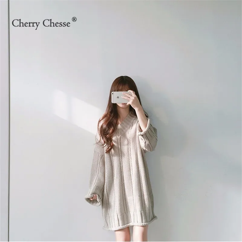 Cherry Chesse Винтаж Для женщин длинный свитер с v-образным вырезом пуловер длинными
