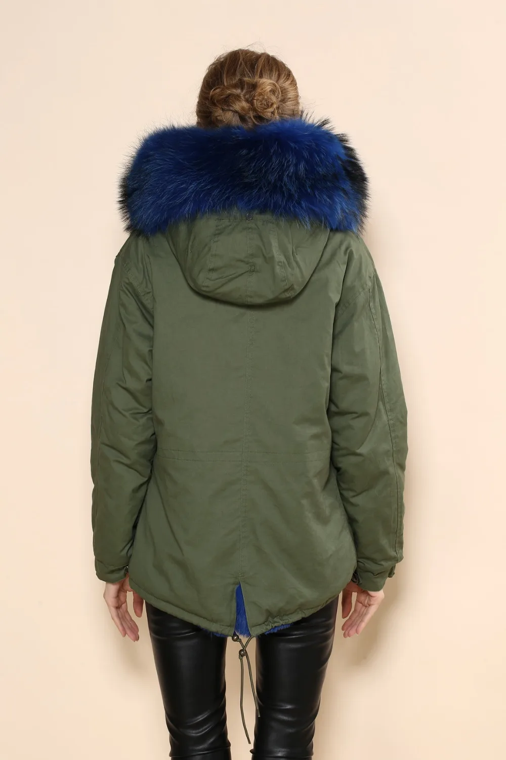 Winter Military Green Womens Dark Blue Faux Fur Lined Short Jacket Ladies Raccoon Hooded Parka Coat 2017 Wholesale | Женская одежда