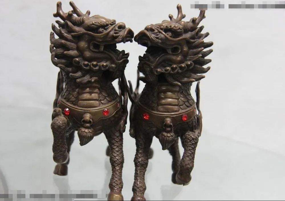 Фиолетовый медный фэн-шуй злой Foo Dogs Лев Дракон Кирин Килин Статуя Пара | Дом и сад