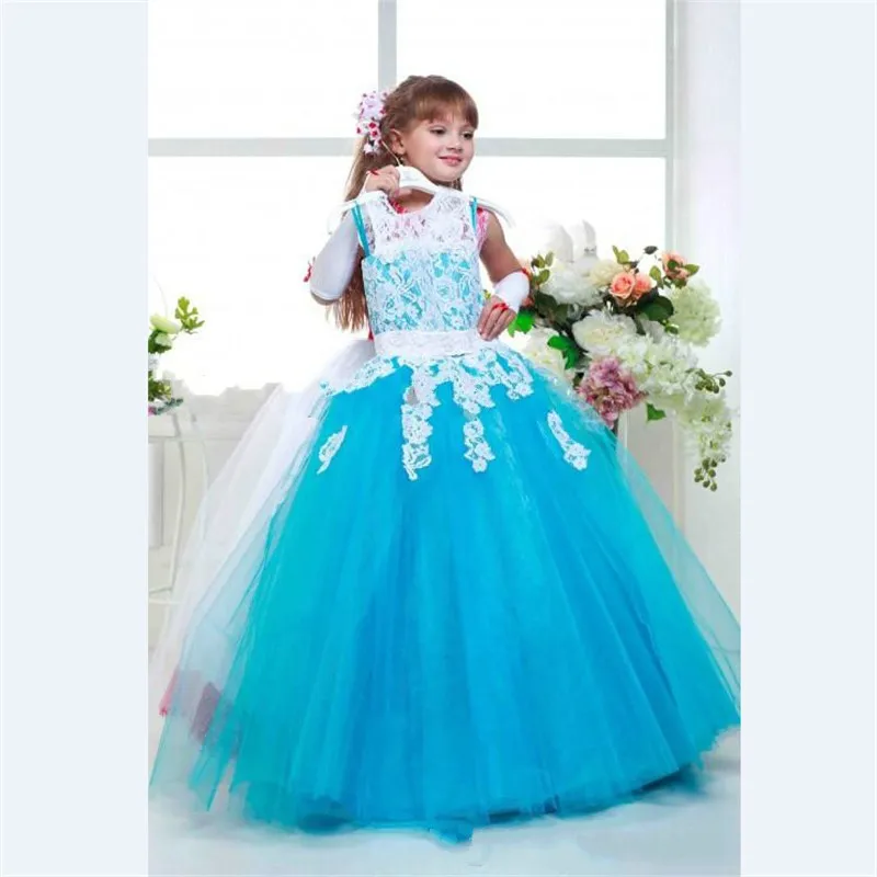 Цветок Девочки Платья Бальное платье Белого Кружева и Синий Тюль Аппликация